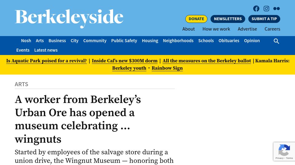 Screenshot of berkeleyside.org: A worker from Berkeley's Urban Ore has opened a museum celebrating wingnuts
