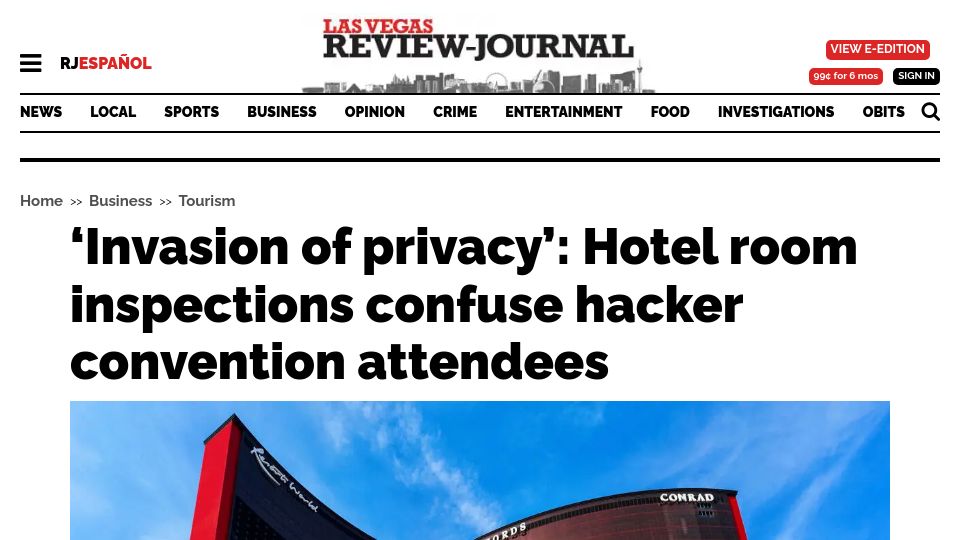 Screenshot of reviewjournal.com: Room inspections at Resorts World confuse, annoy DEF CON attendees