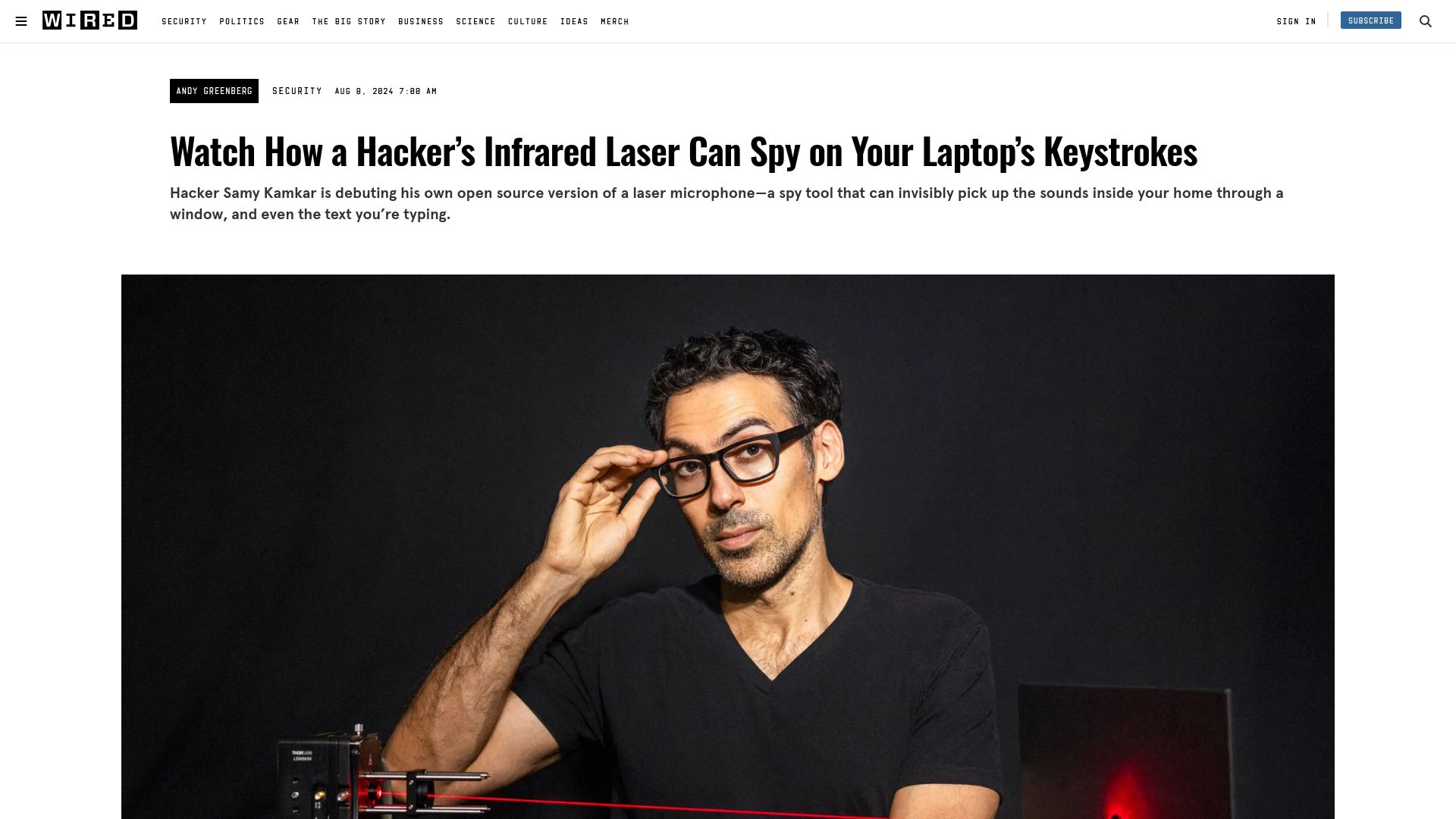 Screenshot of wired.com: Open source laser microphone picks up laptop keystrokes
