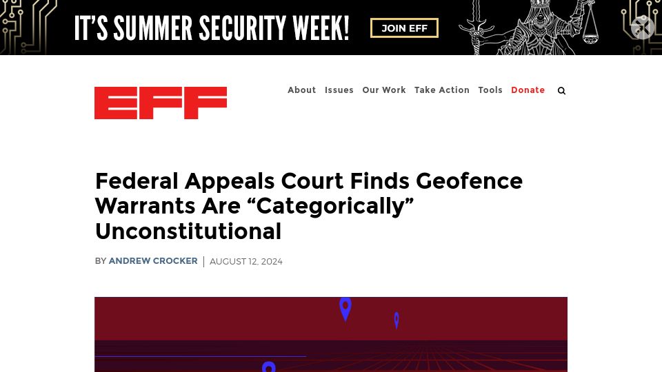 Screenshot of eff.org: Federal appeals court finds geofence warrants “categorically” unconstitutional