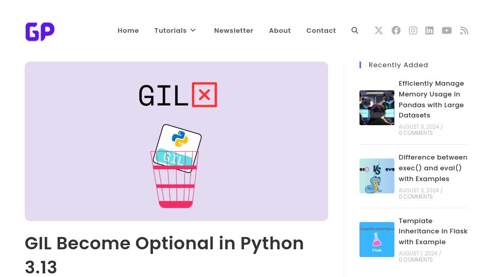 Screenshot of geekpython.in: GIL Become Optional in Python 3.13
