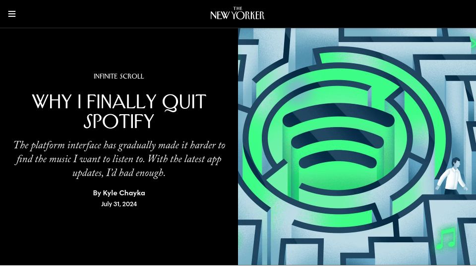 Screenshot of newyorker.com: I Quit Spotify