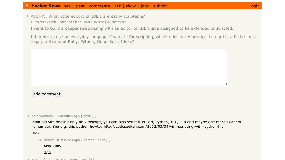 Screenshot of Hacker News post: Ask HN: What code editors or IDE's are easily scriptable?