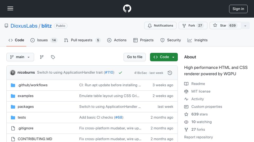 Screenshot of github.com: Blitz: A lightweight, modular, extensible web renderer