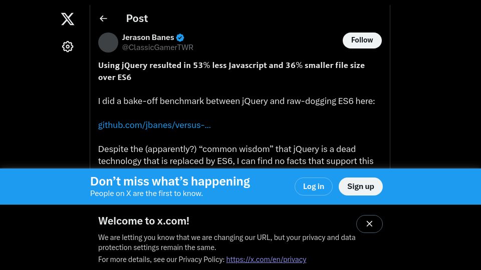 Screenshot of twitter.com: 53% Less JavaScript with jQuery