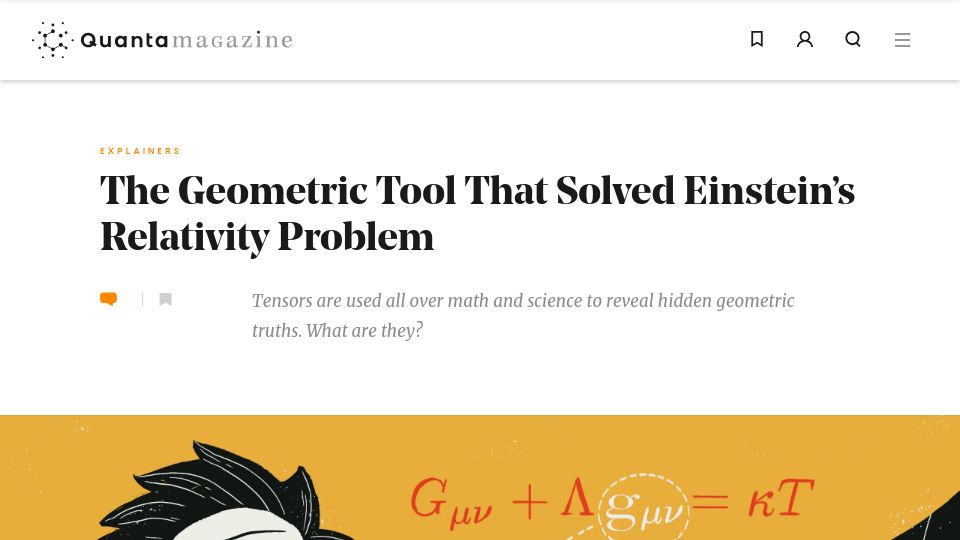 Screenshot of quantamagazine.org: Tensors, the geometric tool that solved Einstein's relativity problem