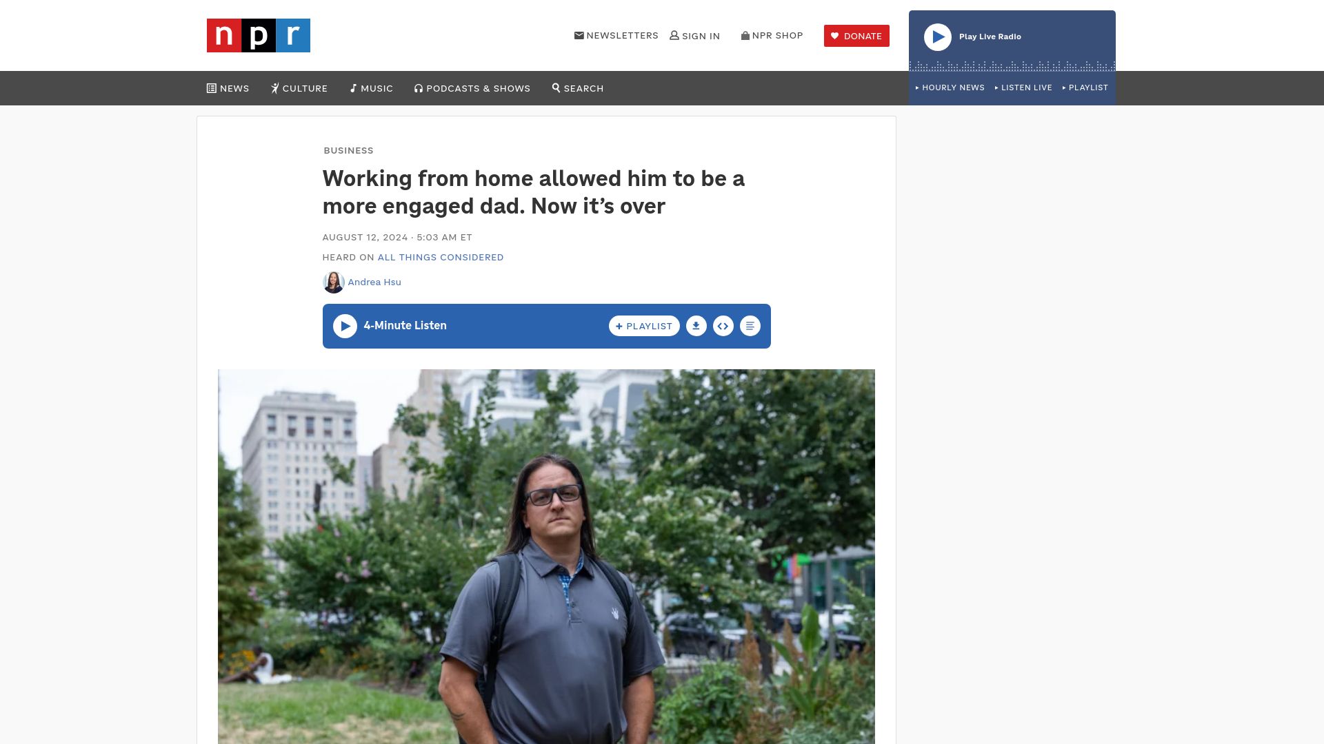 Screenshot of npr.org: Working from home allowed him to be a more engaged dad. Now it's over