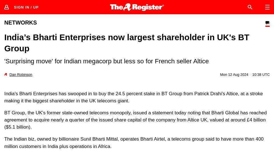 Screenshot of theregister.com: India's Bharti Enterprises Now Largest Shareholder in UK's BT Group