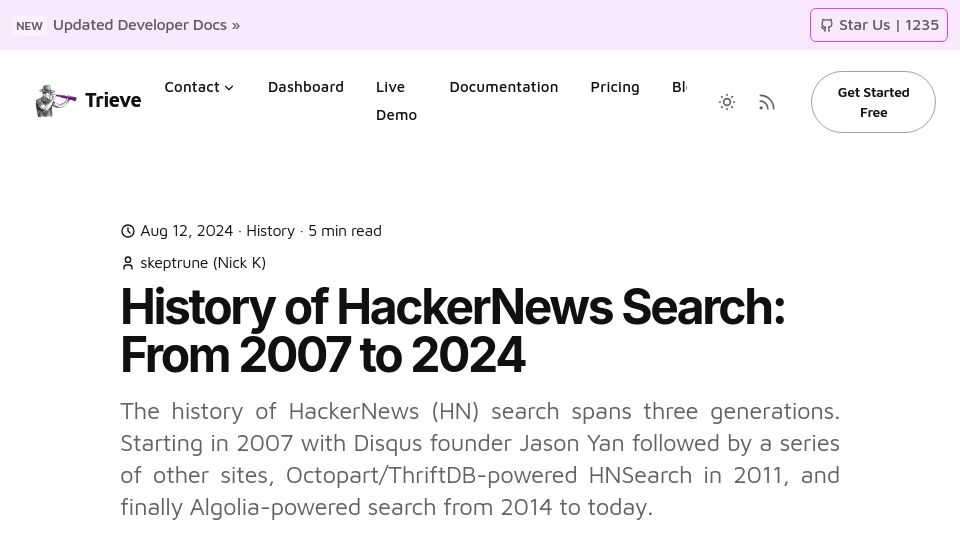 Screenshot of trieve.ai: History of Hacker News Search from 2007 to 2024