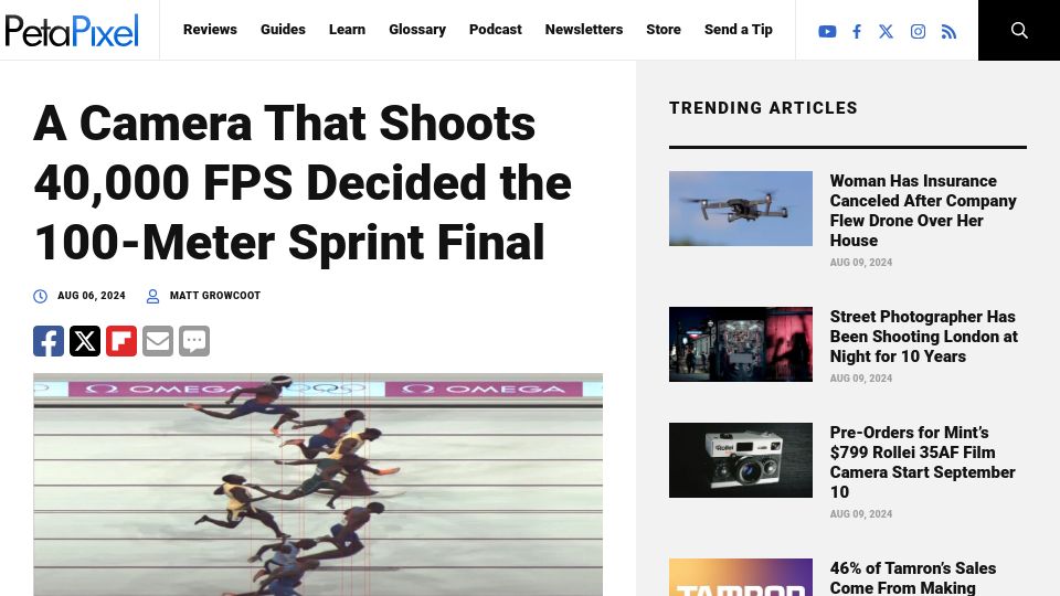 Screenshot of petapixel.com: A camera that shoots 40k FPS decided the 100-meter sprint final