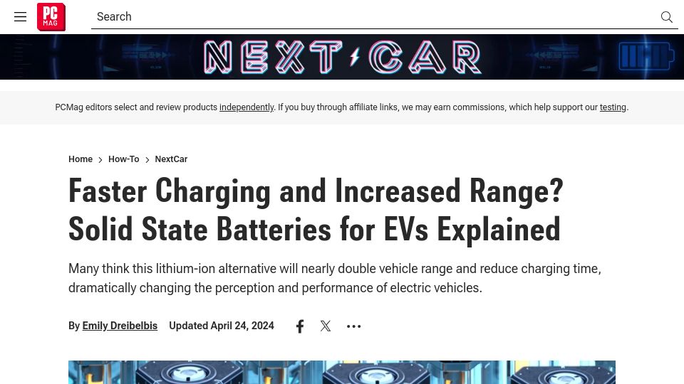 Screenshot of pcmag.com: Samsung's New EV Battery Tech: 600-Mile Ranges, and 9-Minute Charges?