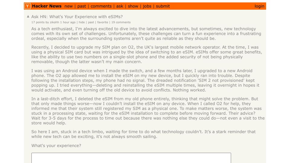 Screenshot of Hacker News post: Ask HN: What's Your Experience with eSIMs?