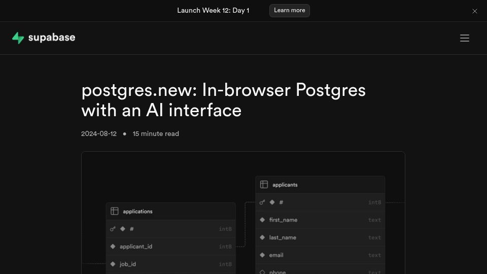 Screenshot of supabase.com: Postgres.new: In-browser Postgres with an AI interface