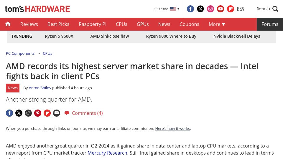 Screenshot of tomshardware.com: AMD records its highest server market share in decades