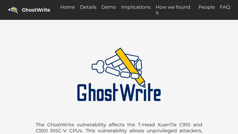 Screenshot of ghostwriteattack.com: Faulty instructions in C910 RISC-V CPUs