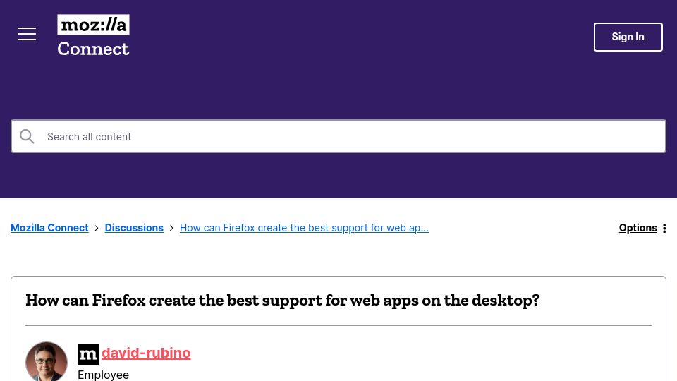 Screenshot of connect.mozilla.org: How can Firefox create the best support for web apps on the desktop?