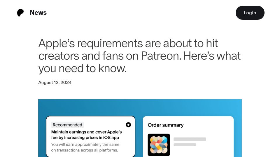 Screenshot of news.patreon.com: Apple's requirements are about to hit creators and fans on Patreon
