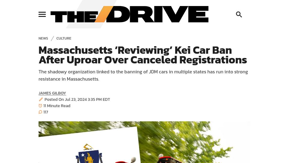 Screenshot of thedrive.com: Massachusetts 'Reviewing' Kei Car Ban After Uproar over Canceled Registrations
