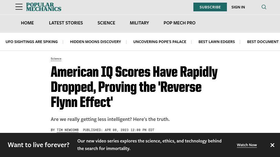 Screenshot of popularmechanics.com: American IQ Scores Have Rapidly Dropped, Proving the 'Reverse Flynn Effect'