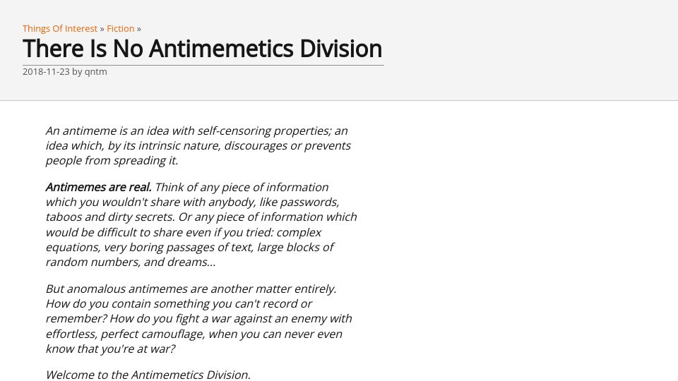 Screenshot of qntm.org: There Is No Antimemetics Division (2018)