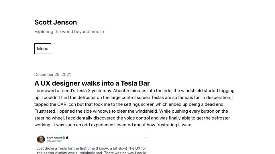 Screenshot of jenson.org: A UX designer walks into a Tesla Bar (2021)