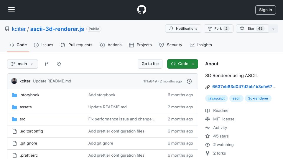 Screenshot of github.com: ASCII 3D Renderer for JavaScript