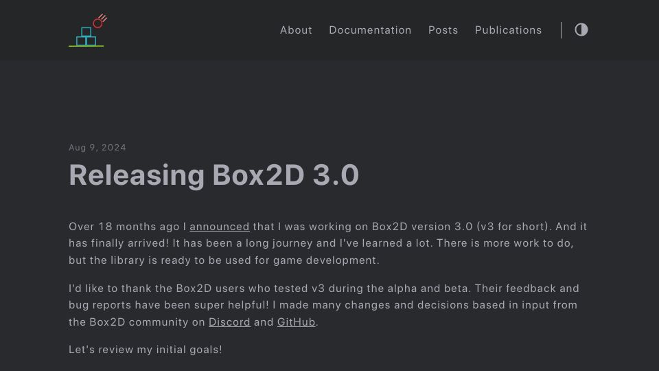 Screenshot of box2d.org: Box2D 3.0 Released