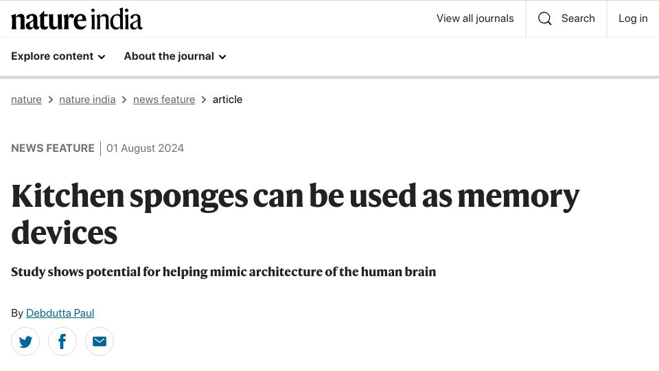 Screenshot of nature.com: Kitchen sponges can be used as memory devices