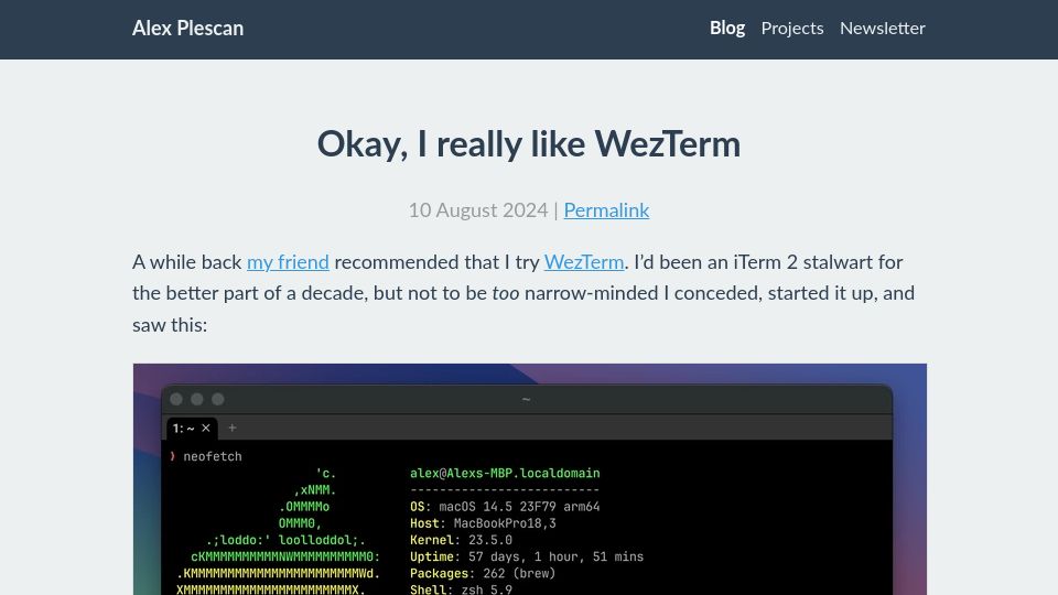 Screenshot of alexplescan.com: Okay, I Like WezTerm