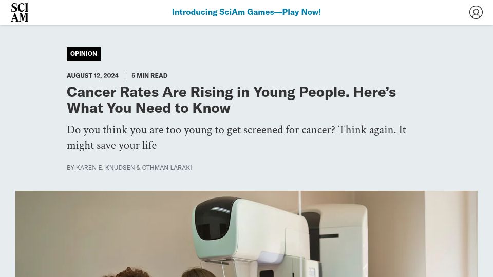 Screenshot of scientificamerican.com: Cancer Rates Are Rising in Young People