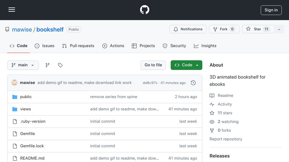 Screenshot of github.com: Show HN: I built an animated 3D bookshelf for ebooks