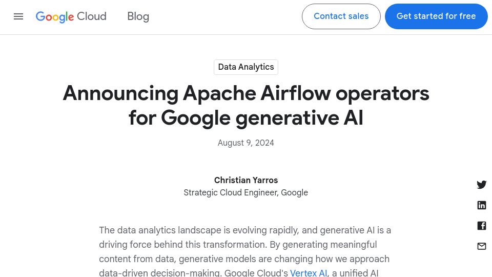 Screenshot of cloud.google.com: New Apache Airflow Operators for Google Generative AI