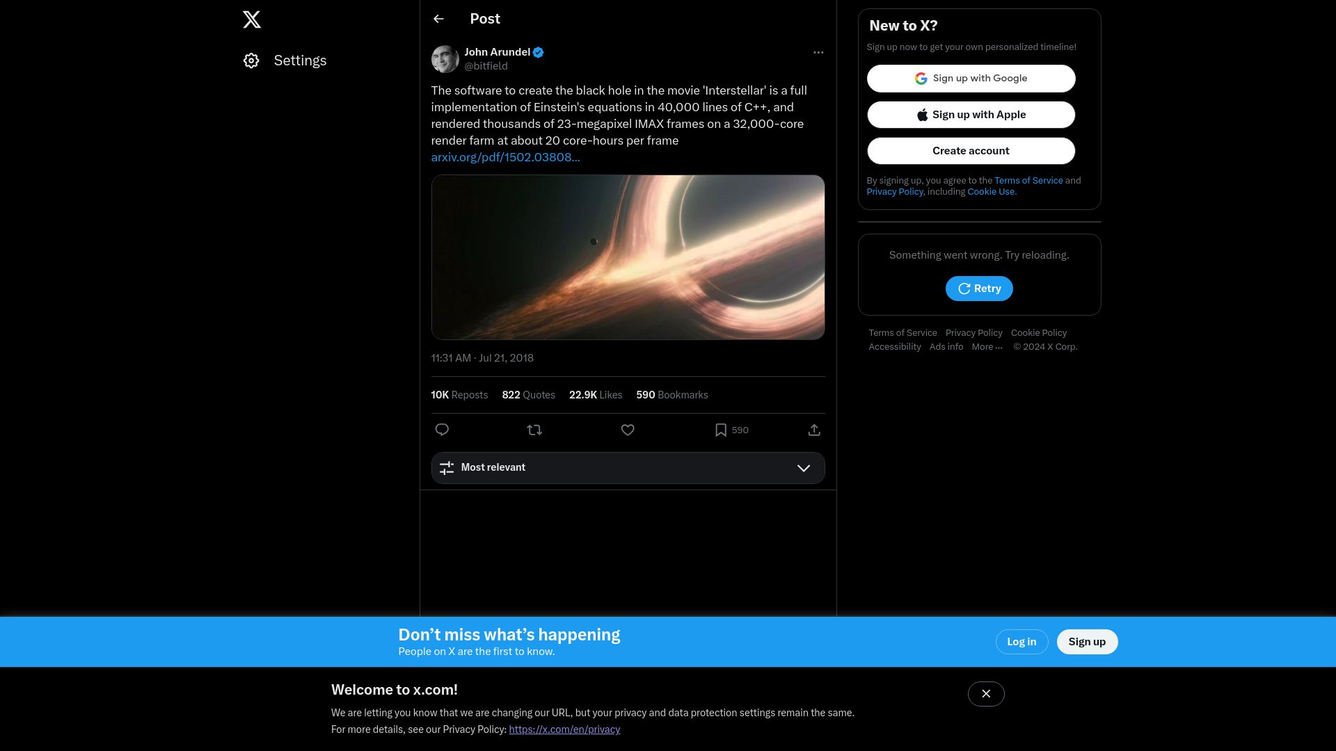 Screenshot of twitter.com: Interstellar movie is implemented with Einstein's equations in 40k lines C++