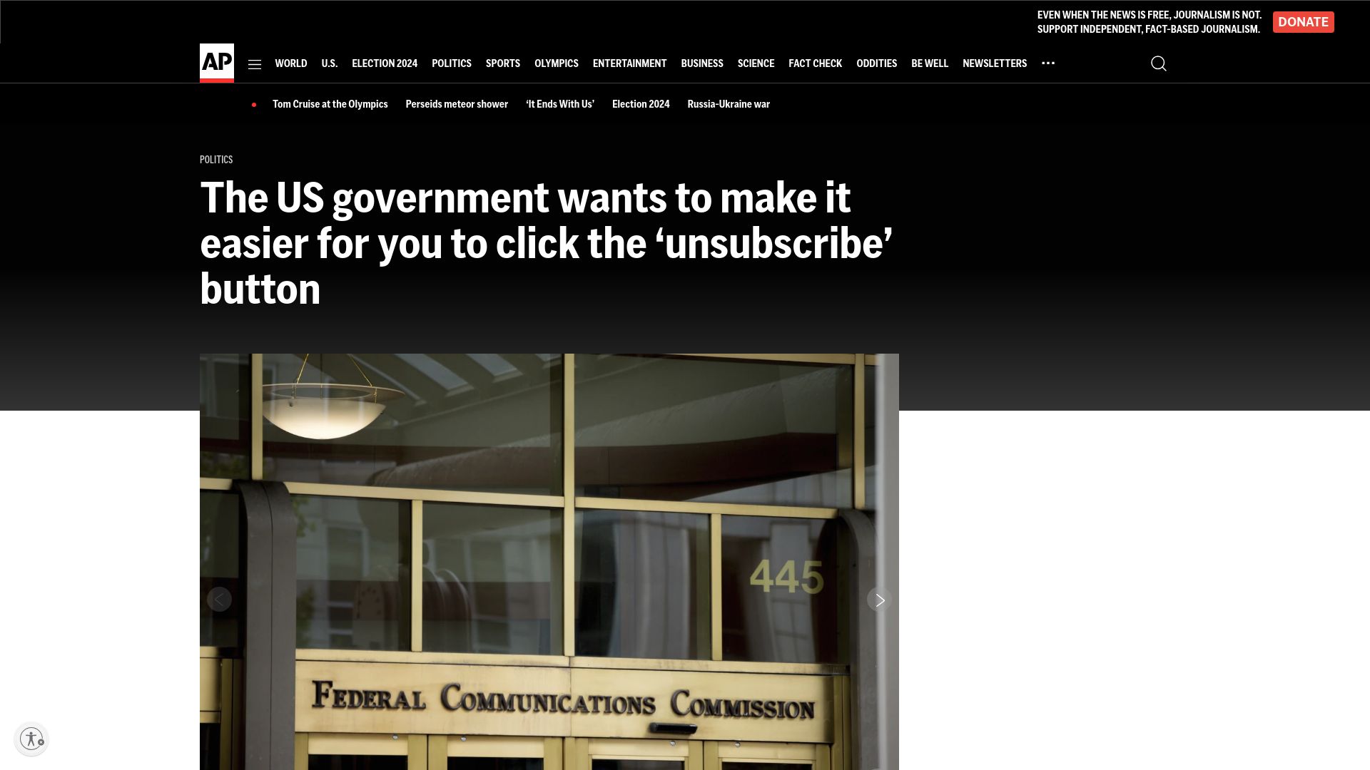 Screenshot of apnews.com: US Government wants to make it easier for you to click the 'unsubscribe' button