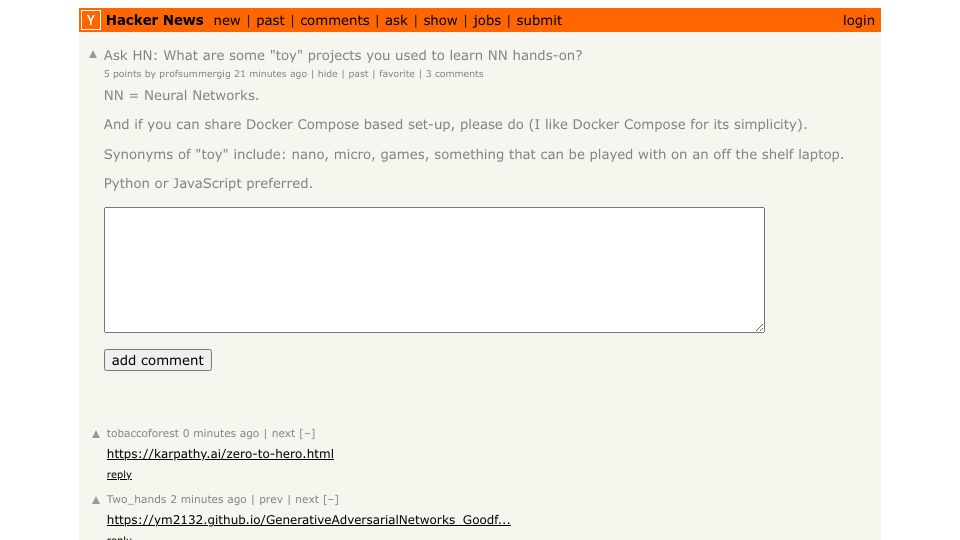Screenshot of Hacker News post: Ask HN: What are some "toy" projects you used to learn neural networks hands-on?