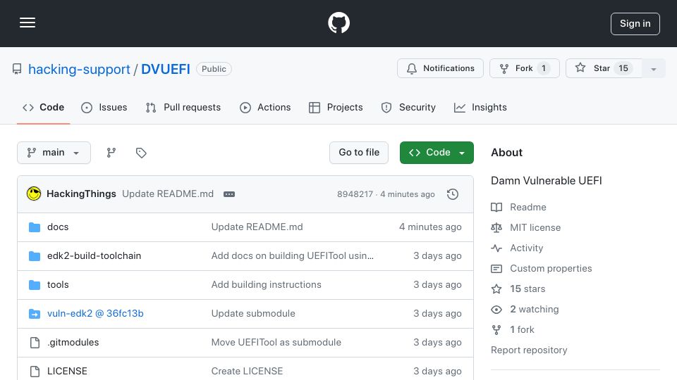 Screenshot of github.com: Damn Vulnerable UEFI