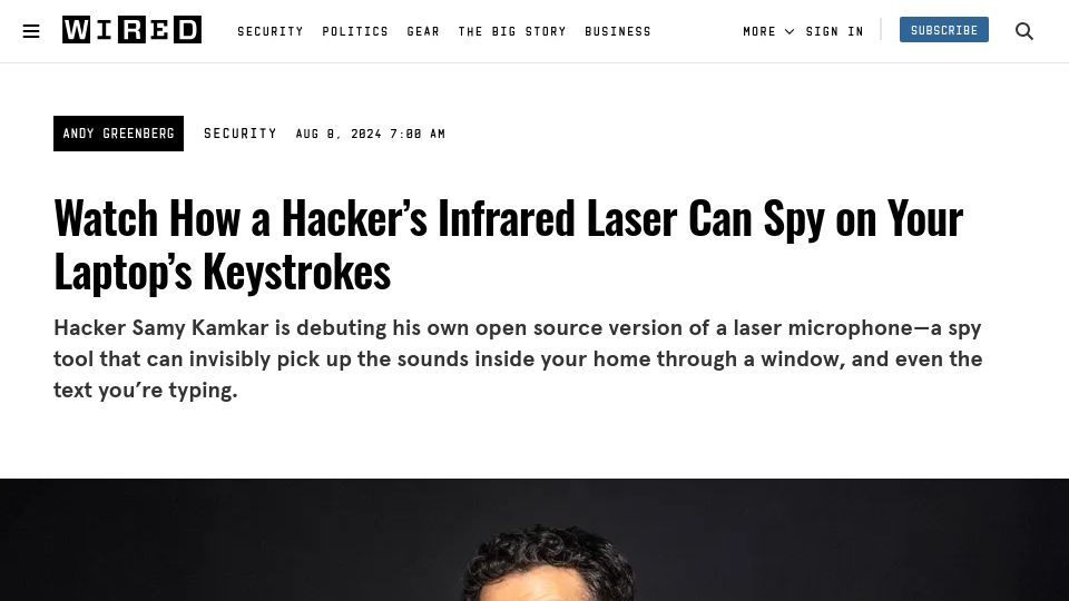 Screenshot of wired.com: Open source laser microphone picks up laptop keystrokes