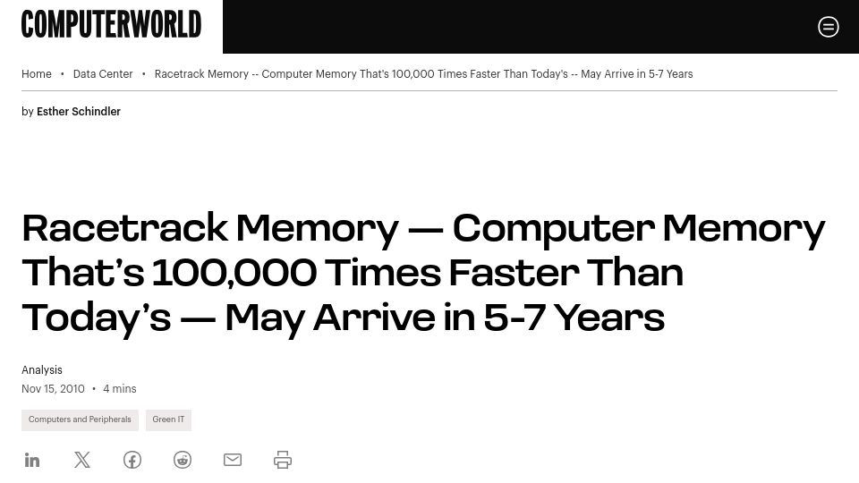 Screenshot of computerworld.com: Racetrack Memory May Arrive in 5-7 Years (2010)