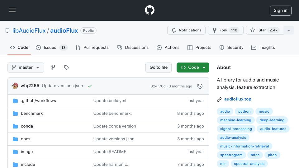 Screenshot of github.com: AudioFlux: A C/C++ library for audio and music analysis