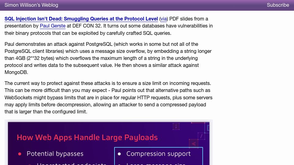 Screenshot of simonwillison.net: SQL Injection Isn't Dead: Smuggling Queries at the Protocol Level