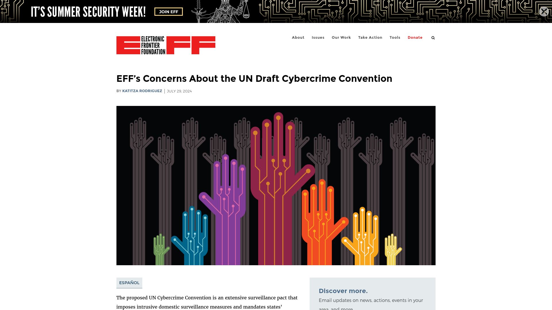 Screenshot of eff.org: EFF’s concerns about the UN Cybercrime Convention
