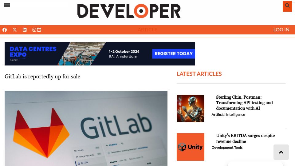 Screenshot of developer-tech.com: Gitlab is reportedly up for sale
