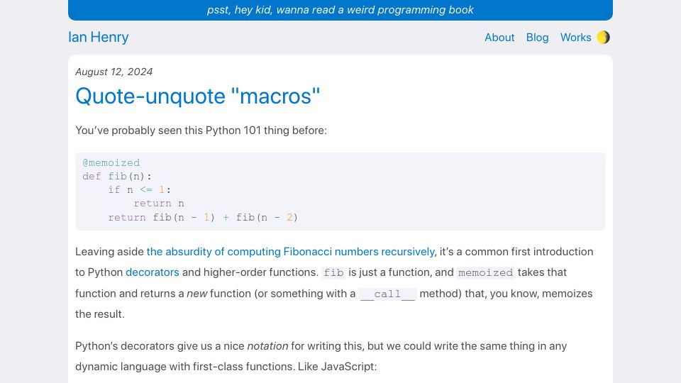 Screenshot of ianthehenry.com: Quote-unquote "macros"