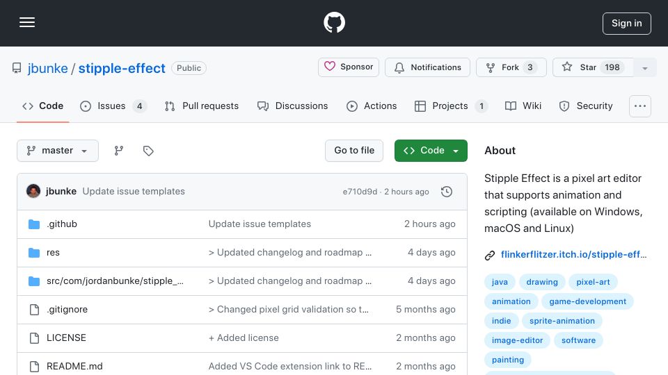 Screenshot of github.com: Show HN: Stipple Effect – a scriptable pixel art editor to make game art faster
