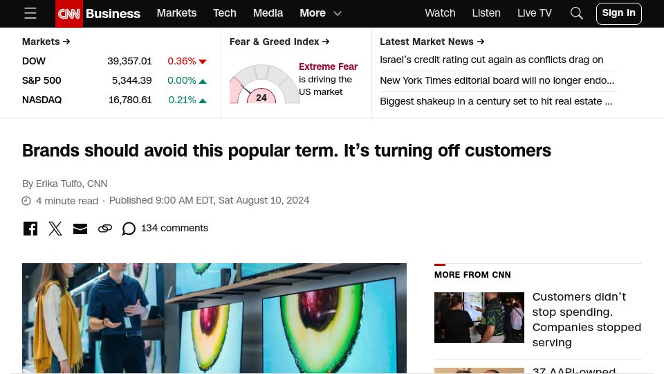 Screenshot of cnn.com: Study shows that tacking the “AI” label on products may drive people away