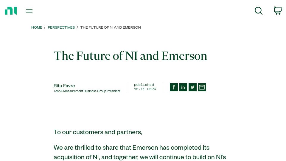 Screenshot of ni.com: National Instruments acquired by Emerson (2023)