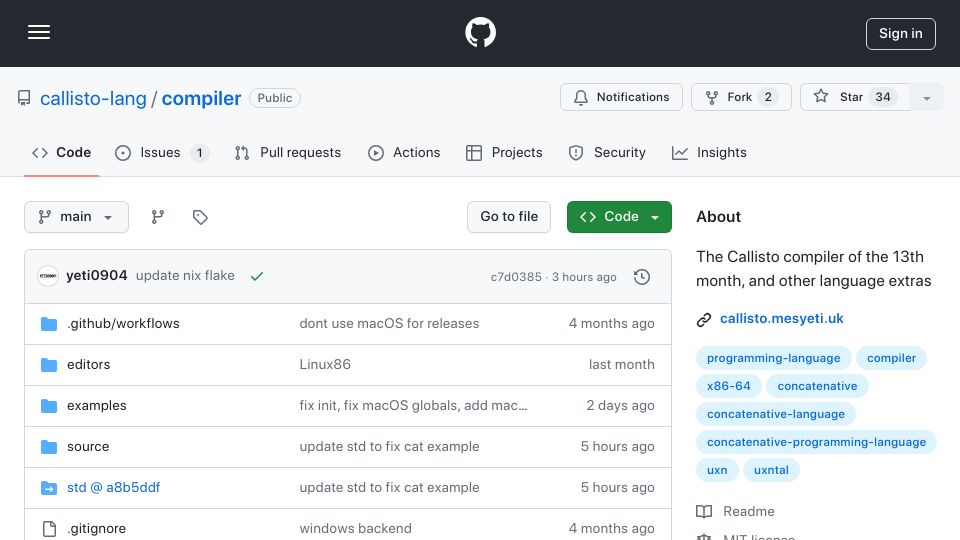 Screenshot of github.com: Callisto: Reverse polish notation programming language inspired by YSL-C3, Forth