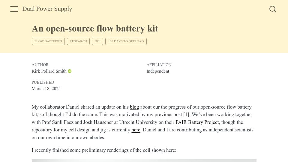 Screenshot of dualpower.supply: An open-source flow battery kit