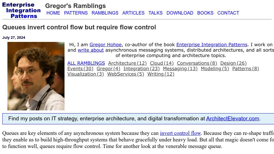 Screenshot of enterpriseintegrationpatterns.com: Queues invert control flow but require flow control