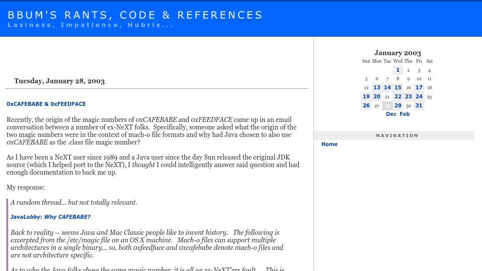 Screenshot of radio-weblogs.com: 0xCAFEBABE & 0xFEEDFACE (2003)
